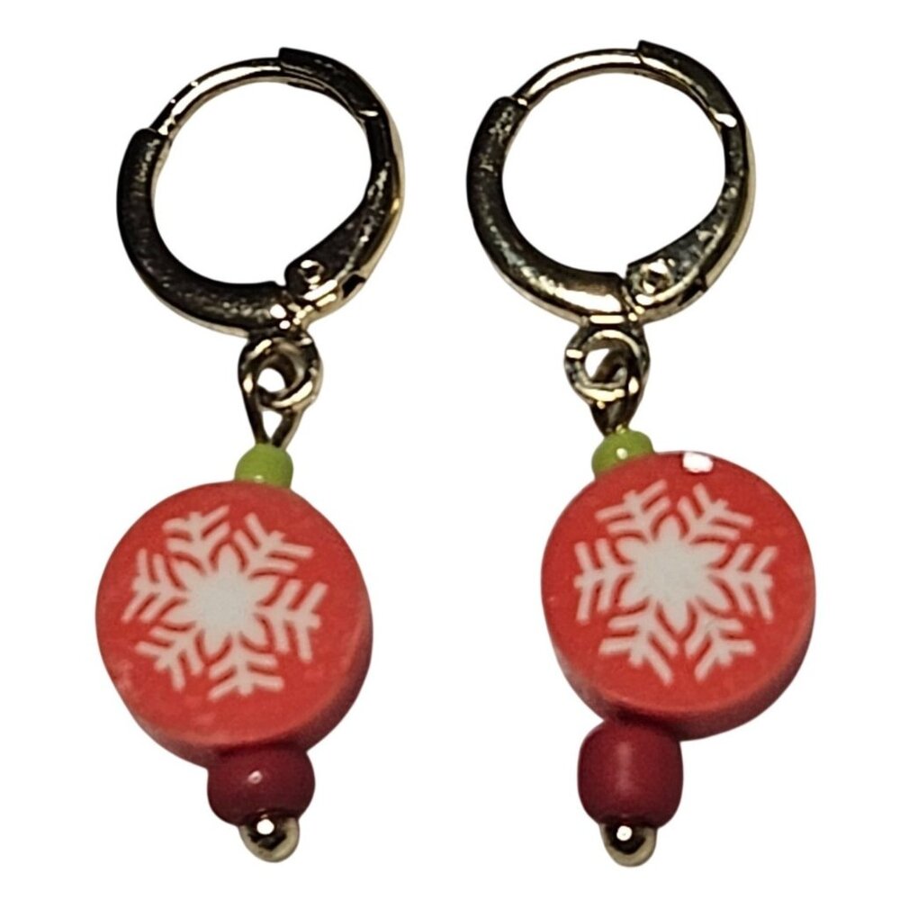 Snowflake Beaded Hoop Earrings Christmas Winter Themed HInged Latch Back Hoop